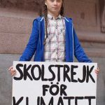 In August 2018, outside the Swedish parliament building, Greta Thunberg started a school strike for the climate. Her sign reads, “Skolstrejk för klimatet,” meaning, “school strike for climate”.
